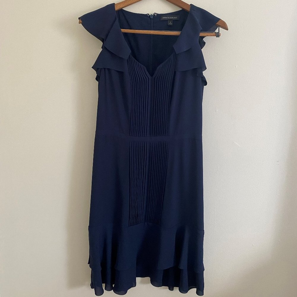 Banana Republic Navy Pleated V Neck Dress Size 2